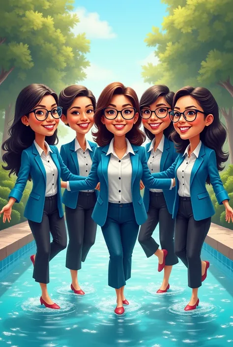 vibrant illustration featuring 4 Indonesian female professors, the one in the middle is chubby, interlinked arms,raising right leg to waist,clad in stylish blue jackets,backdrop of a sparkling pool,each character exaggerated in proportions,expressive faces...