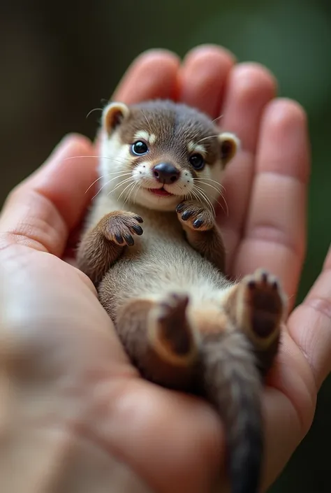 ((best quality)), ((masterpiece)), (detailed), real photo, close up, high detail. Tiny otter, has a cute face, smiling, lying on its back, playing naughtily, in the palm of a persons hand, cute innocent eyes,