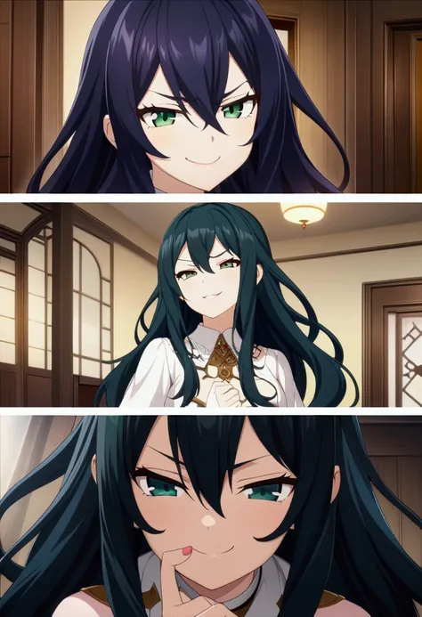 A girl with dark blue hair, hair between eyes, long hair, dark green eyes, mischievous smile, mischievous attitude, mischievous expression, smug expression, CG, screenshot