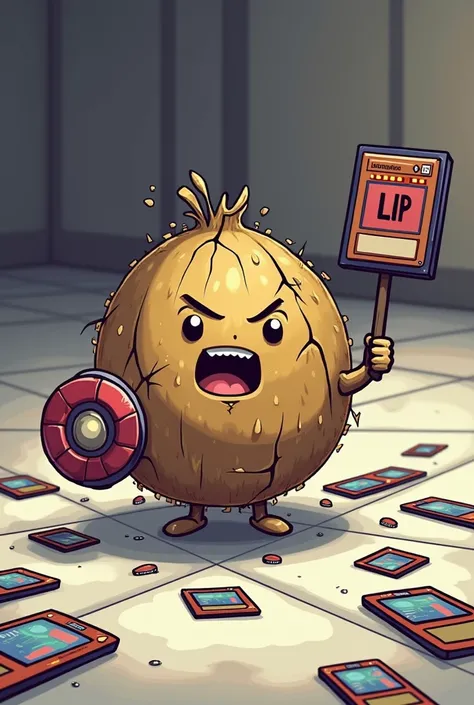 A cracked and bruised coconut, holding a Yu-Gi-Oh Duel Disk, while on the floor there are several Yu-Gi-Oh cards. Near the Coco there is a text window like from the Yu-Gi-Oh anime that says: "LP 0". In chibi pixel art style