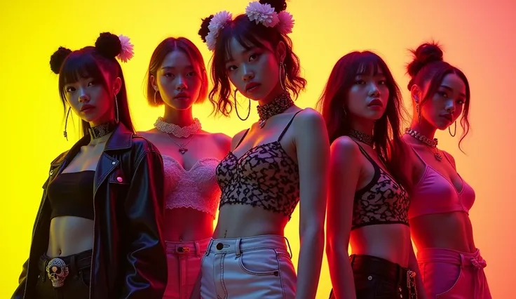 kpop girl group 5 girls electronic hip-hop concept two cute, two dark and one middle ground pose optical illusion yellow black pink and wine one of them with short hair flowers and skull clothes of different colors somewhat masculine clothes，jacket