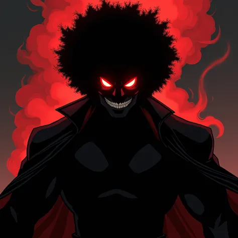 A dark, half-body silhouette of a black man with thick afro hair, emerging from deep shadows. His face is mostly hidden in darkness, with only his glowing red eyes visible, piercing through the shadows. Red smoke billows from his glowing eyes, adding a sin...