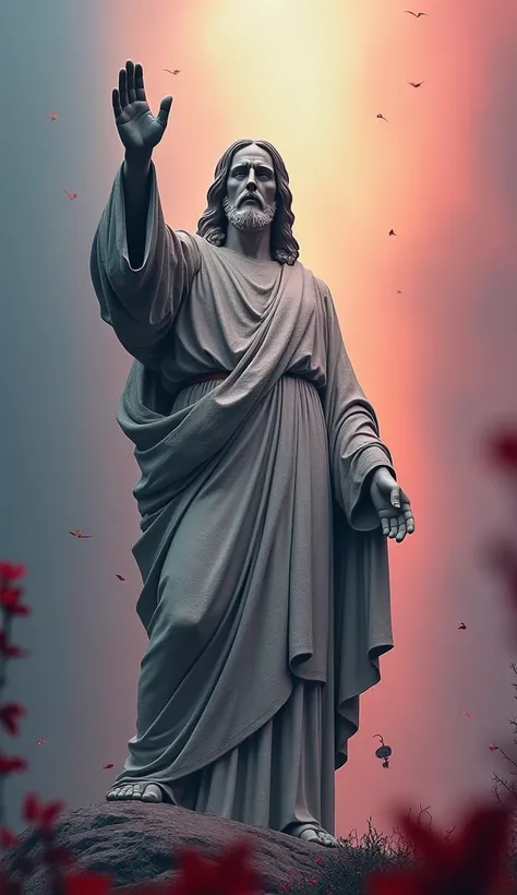 detail high quality image Rock Statue of standing Jesus Christ, the statue pose say hi, His hand raise up above his head. visual this statue from afar. Background are depth of field colorfull ambient.