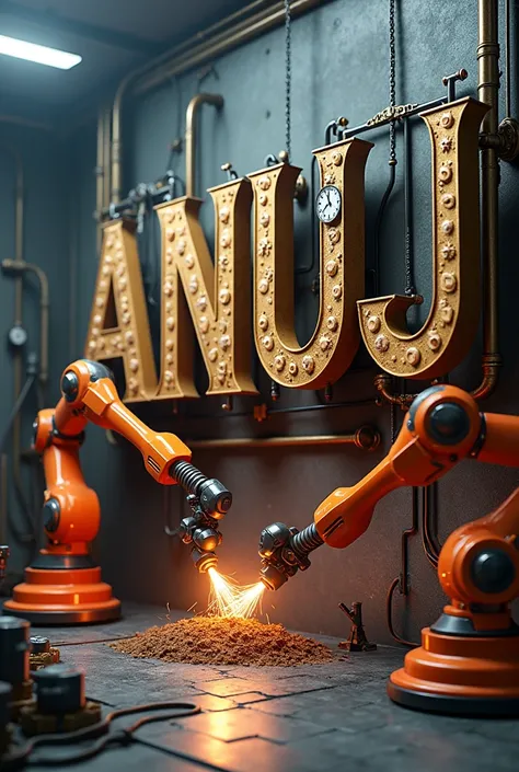 A striking 3D render of a futuristic industrial setting, where two orange robotic arms are working in tandem to weld metallic steampunkletters. The atmosphere is a mix of darkness and illumination, with the active arm creating sparks that light up the spac...