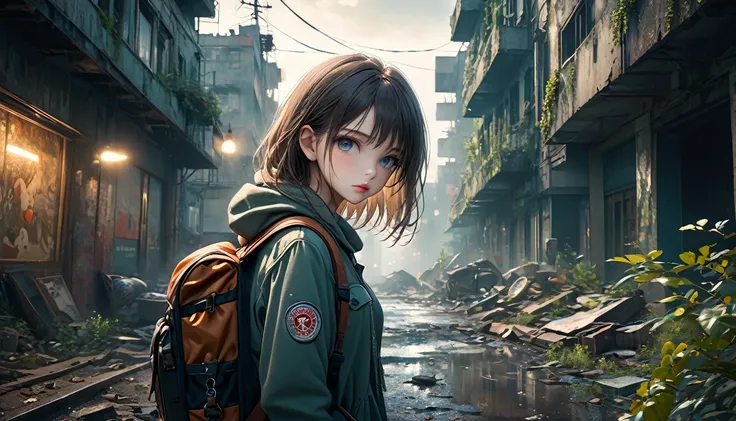 beautiful detailed girl with backpack,1 girl,detailed face,beautiful detailed eyes,beautiful detailed lips,extremely detailed eyes and face,longeyes,detailed clothing,detailed backpack,detailed dog,abandoned city,post-apocalyptic,cinematic lighting,dramati...