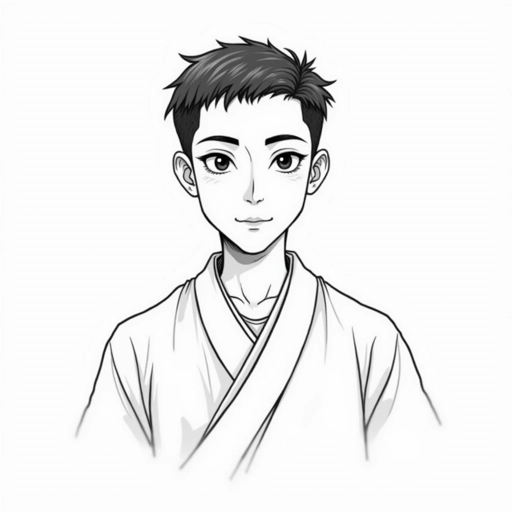 Beautiful hand-painted Q version black and white simple clean line drawing，Pure white background，，Age 20 years old，Kind face，The eyes reveal sincerity and determination。He is of medium stature，More robust physique，He has the perseverance of a monk.。Hair is...