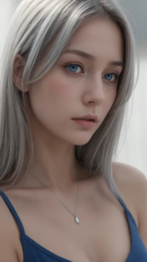 a girl. european. profile portrait. extremely detailed face. oval face. delicate features. melancholic half-closed eyes. blue eyes. long, straight, very messy hair. silver hair. tank top. big breasts. collarbone