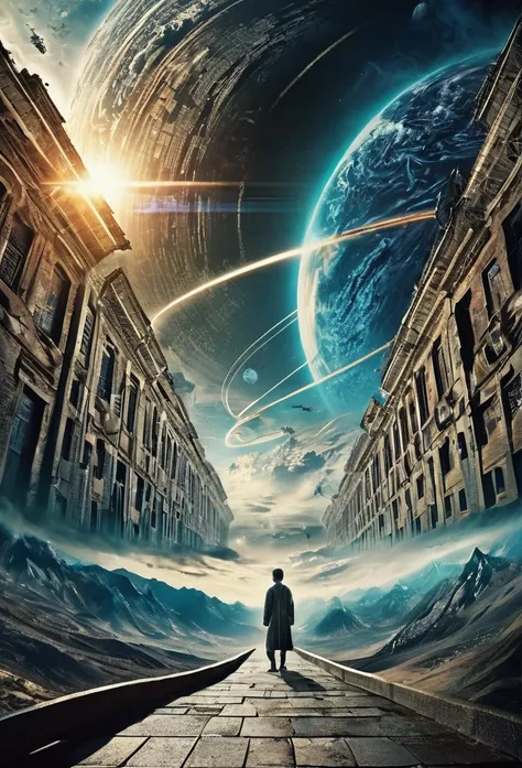 Mysterious poster for time travel thriller、Enjoy a mind-blowing movie experience, Complex timelines and parallel universes are visually stunning、A place where thought-provoking stories converge. This work、It captures the complexity and fascination of the t...