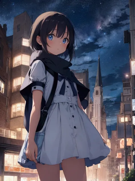 Night Sky, city,  One girl, Standing, Alone, whole body, , Maribe, Puff short sleeves,  Cape, bag