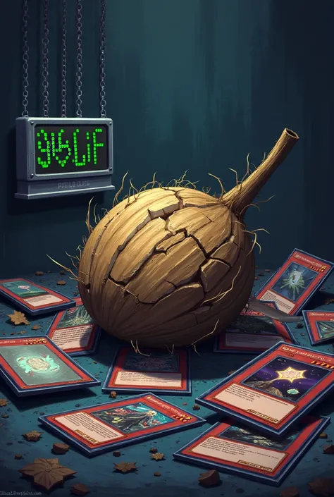 A cracked and battered Coconut lying on top of several Yu-Gi-Oh cards. Near the Coco there is a text window that says: "LP 0". in pixel art style 