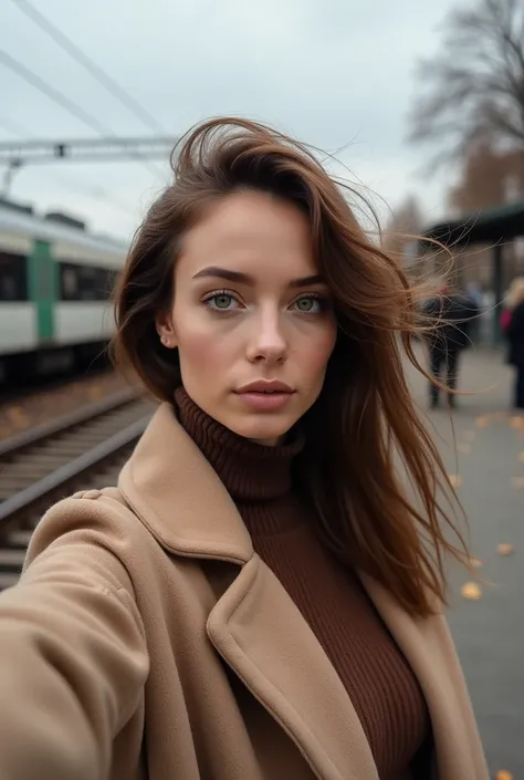 Arafed Femme, fille sexy aux yeux verts, inspirée de Sophie Mudd, est debout sur un quai de train par un temps automnal frais. Elle porte un pull en laine confortable et un manteau léger, avec une écharpe élégante. Le vent joue légèrement dans ses cheveux ...