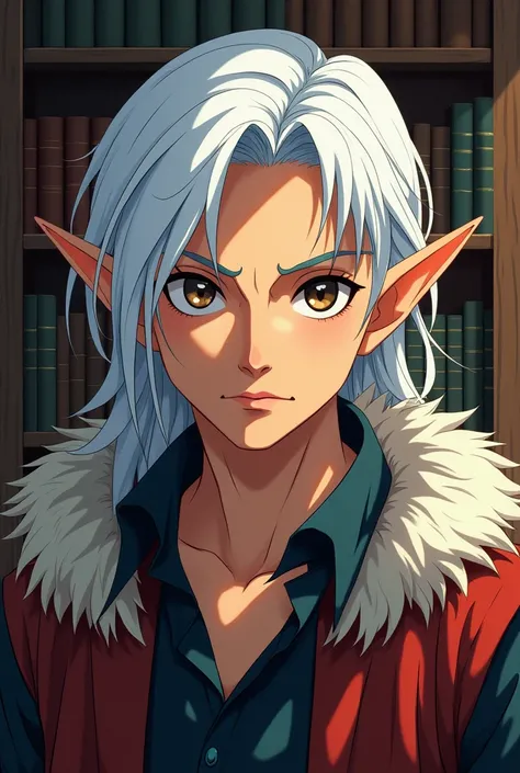 Half elf mage thief male head portrait 90s anime style white hair thoughtful library background