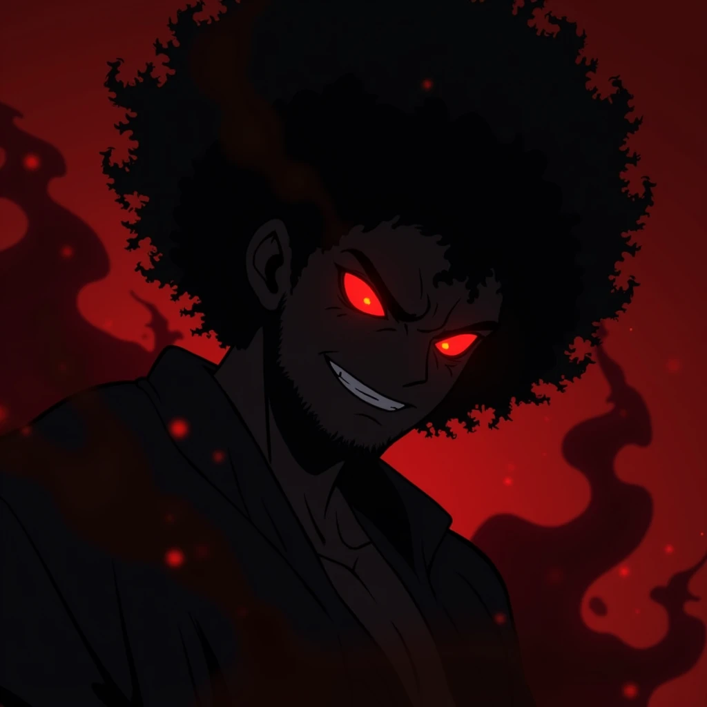 A dark, close-up silhouette of a black man with thick afro hair, emerging from deep shadows. His face is predominantly obscured in darkness, with only his glowing red eyes visible, piercing through the shadows. Red smoke billows from his glowing eyes, enha...