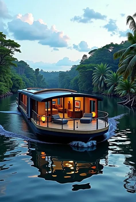 a luxury river barge (named Amontana), without floor and with a color based on blue, le noir et le bois. The boat will have a bay window on the sides . Sailing on the Pangalanes Canal in Madagascar, the landscape will consist of dense forests, de 
mangrove...