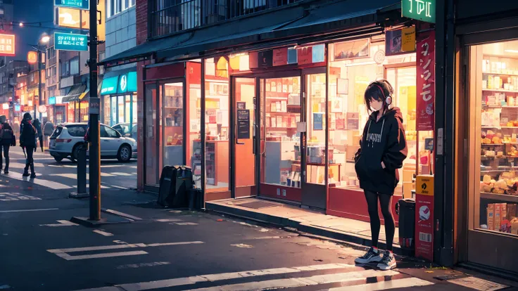 masterpiece, girl alone, solo, incredibly absurd, hoodie, headphones, street, outdoor, neon,