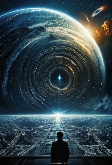 Mysterious poster for time travel thriller、Enjoy a mind-blowing movie experience, Complex timelines and parallel universes are visually stunning、A place where thought-provoking stories converge. This work、It captures the complexity and fascination of the t...