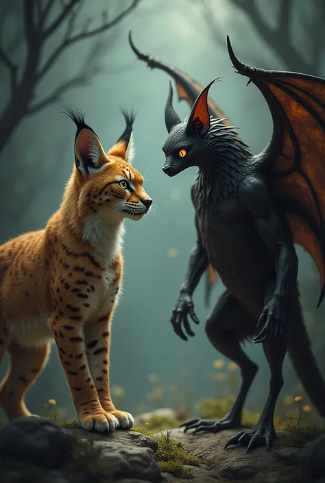 Make a monster photo in which there is a Lynx  on the left and a bat on the right.