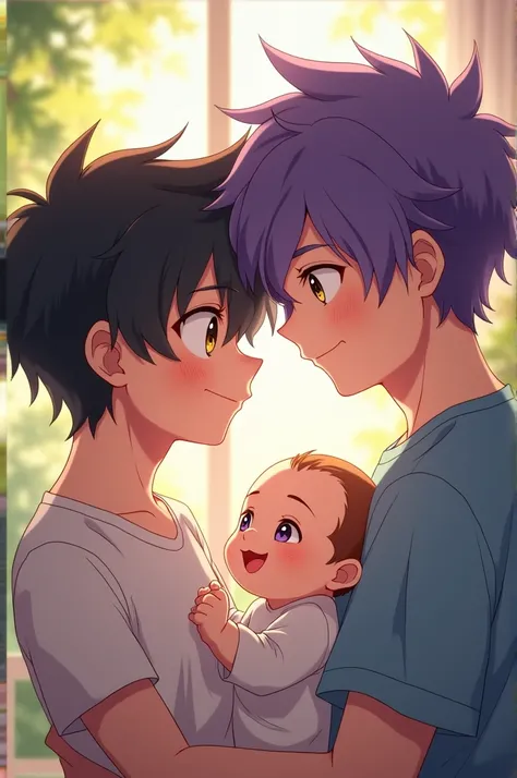 Anime boy with black hair and yellow eyes with his husband with purple hair and dark purple eyes with a baby in his arms 