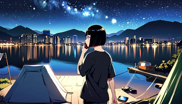 １People Women（blue eyes))　(((Shortcuts、Bobcut、Shiny black hair))) (((Are you wearing your headphones correctly?))) (Oversized black t-shirt)、Looking out at the city of Tokyo,、listen to music、Japanese、Woman gazing at the stars while camping,Starry Night,Str...