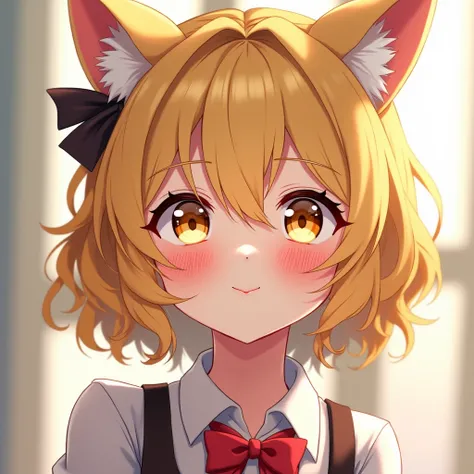 Best Quality, Best Quality, High resolution, Shortcuts, Braids, Natural curls, Diagonal bangs, chest, Dog ears, Blonde, smile, Golden Eyes, Red face, Ahegao, Ahegao, Ahegao, Fatty face, ribbon, Blurred, anime風, anime, 