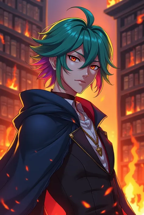 Half elf mage thief male head portrait yugioh anime rainbow hair thoughtful burning library background