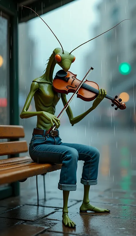 Mantis wearing jeans sitting at a bus stop playing the violin in the rain 