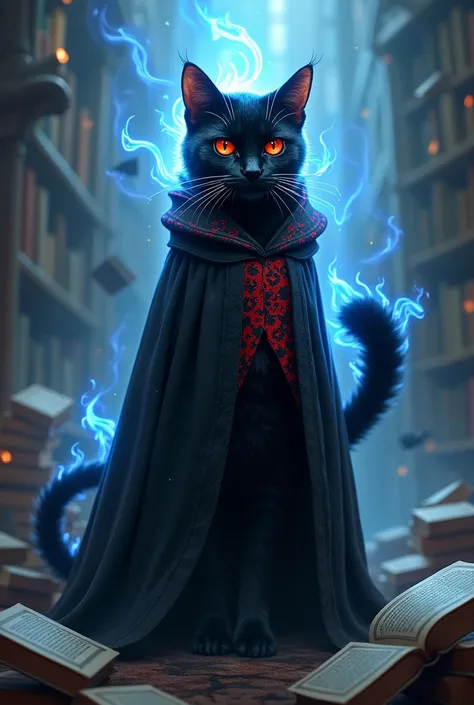 A cat standing on two legs,Black cat with red eyes,Has 2 tails,There is a spirit fire,Blue Spirit Fire,Put on the Slytherin robe,Big one,There are red patterns.,There are books flying around.