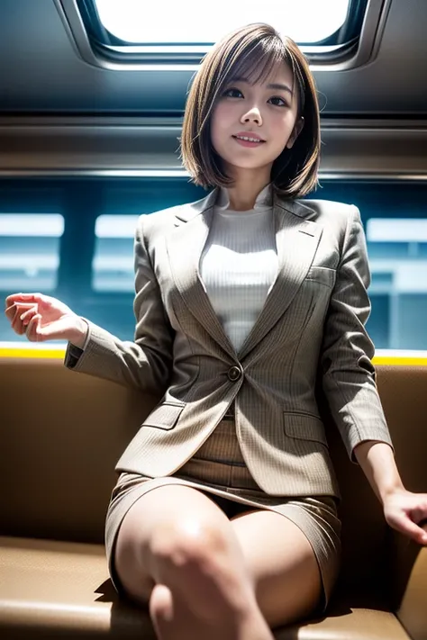 Highest quality, Realistic, Very detailed, finely, High resolution, 8k, Cinema Lighting, 1 person, Cute Japanese Women, 30 years old, light brown straight bob hair, (Wearing a simple business suit:1.4), (Blurred Background, Light of the sun), (Natural Side...