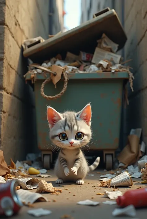 A kitty looking for foid in a dustbin of a city