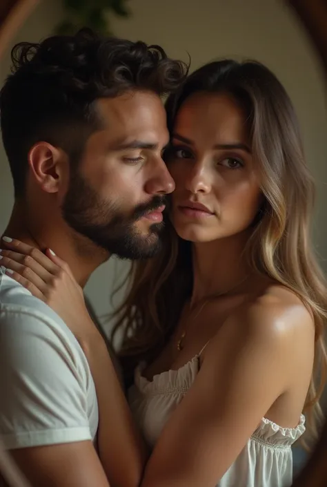 Photo of a couple in love taking a photo in a mirror and the man has a pronounced beard and mustache but is not a big body, and that not one is looking at the Camera with straight hair