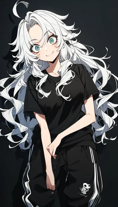 1girl, anime, beutiful, cute, sexy, wearing black top only, wearing black sweatpant, medium breast, long hair, tomboy styles, anime, big droppy eyes, black-white hair, smile,