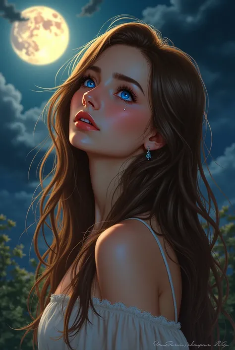 Illustrated image of a woman Her brown hair always shone in the sun, and her blue eyes crying to the moon