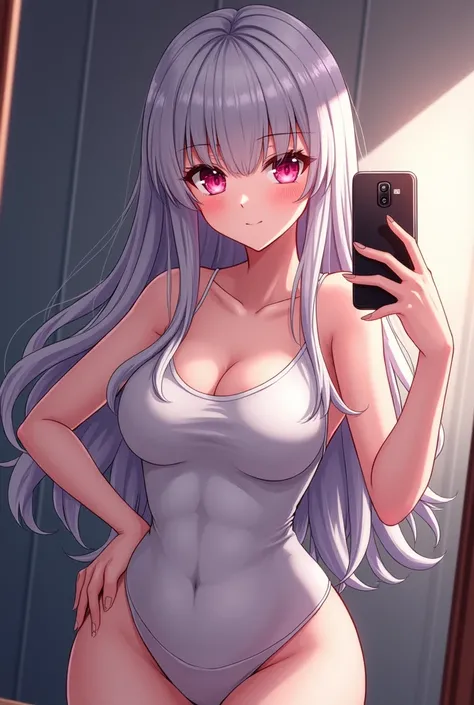 ((best quality)),((highly detailed)),masterpiece,absurdres,detailed face,beautiful face,(detailed eyes, deep eyes),(1girl),((dynamic pose)),  Noelle, pink eyes, twintails, long hair, silver hair, bangs, solo, tank top, indoors , breast, medium breast, dolp...