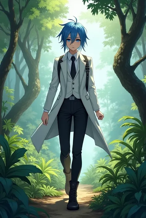 An adventurer with blue hair, wearing a white suit, black tie, black pants, and black boots, who is adventuring in the forest. He has pretty blue eyes and looks like a girl, but he is a boyish type of adventurer.