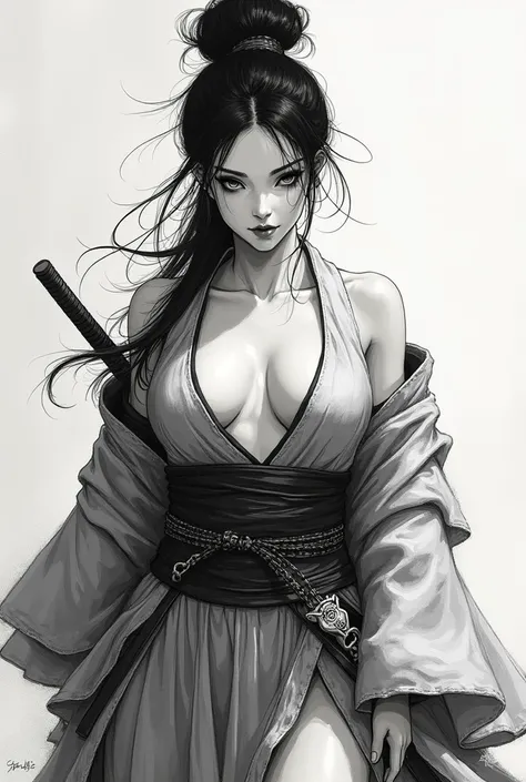 ((black and white semi realistic)) Wait warrior sexy, pretty face, Delicious Company, Alluring figure, Wearing a sexy open kimono. The artwork is created in a medium reminiscent of Japanese ink paintings....., Features bold brushstrokes and a Monochromatic...