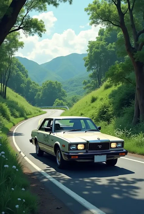 A toyota mark II driving on a best country side road a view best naturally vegetation and a note written Ghost bullet merona at the side of the car