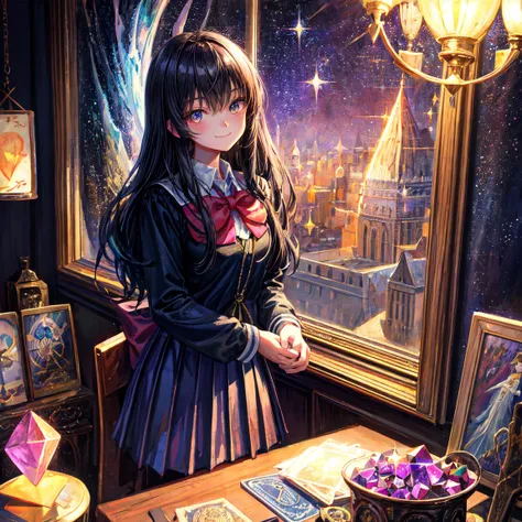 Impressionist paintings、Smiling teenage girl、fortune teller、Student Uniform、Tarot cards and crystals on the table、View your viewers、Mysterious、magic、Sparkle、Shine、dark、magicの照明、Bad mood、Cinematic、Sparkle、Sparkle、darkness