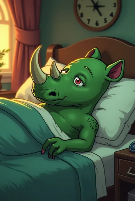 Animated image of a green rhinoceros-headed human lying sick in his room