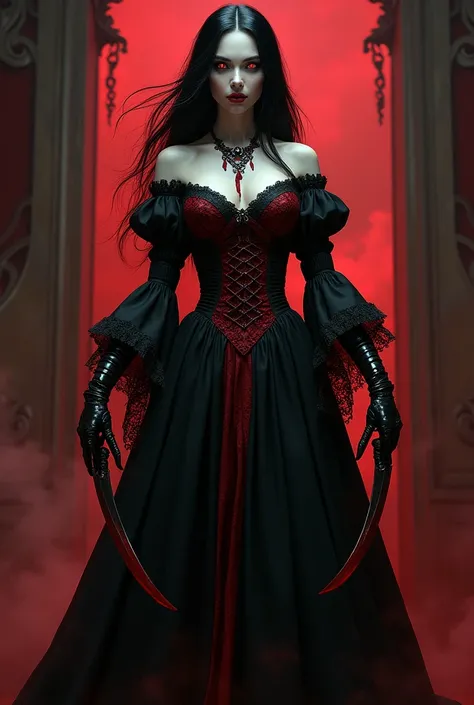 Create an illustration of a full-body vampire woman, with blood running from her mouth, an evil smile, wearing a red and black Victorian dress, black hair, red eyes, pale skin, and holding two hand scythes.