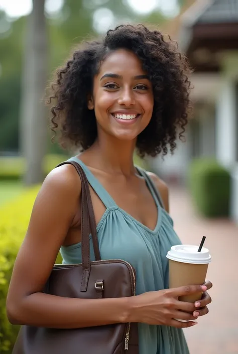 Pretty Young Girl From Fiji, Student University, Photoshoot, Campus Background, Ultra HD, Highly Detailed, Detailed Face, Detailed Hair, Detailed Skin, Realistic, Holding an IPad and Holding a Coffee, Wearing A Bag, Short Curly Hair, Melanesian Ethnic, Thi...