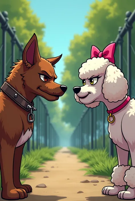 Scene 1: **A Rocky Start**
**Prompt:** A scruffy, brown dog named Rusty, with a torn ear and a spiked collar, scowls at a sleek, pampered poodle named Bella, who has a shiny coat and a pink bow. They stand on opposite sides of a park, glaring at each other...