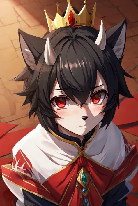 Damaged, Short Hair, black hair, Short Hair, Wolf Ears, Red Eyes, Fang, From Above, Horns, Drop Shadow, Anime Style, Crown, Shy, boy