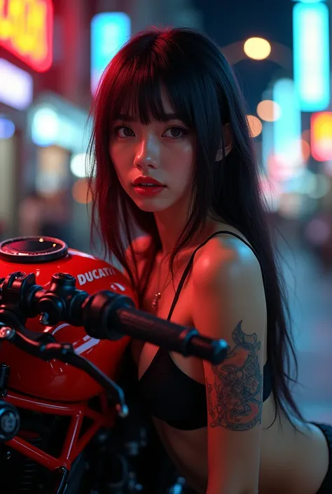 sexual, detailed face, face in sharp focus, extremely detailed, stunning images, stunning japanese cyberpunk biker girl, long two-tone hair with bangs (black with red flecks), (red lips), naked, nude, nsfw, medium breasts, naked chest , nipple piercing, na...