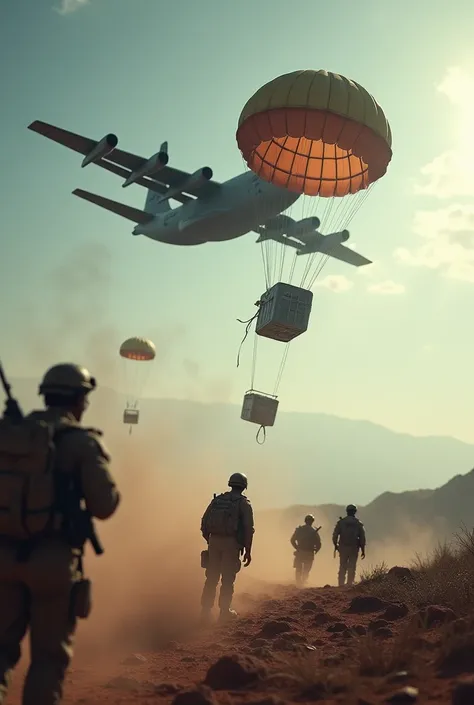 Drop of supplies from a military plane that takes off in the background