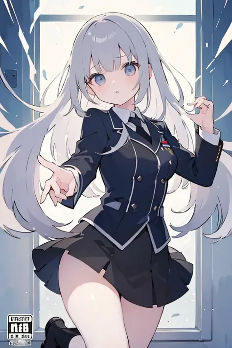 ((masterpiece, Best Quality)),girl、Gray Hair、Black military uniform、mini skirt、Absolute territory、Dynamic pose、cover