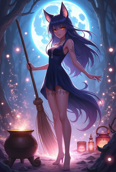 Sexy Witch With Wolf Ears, with a broom, cauldron and potion in anime style