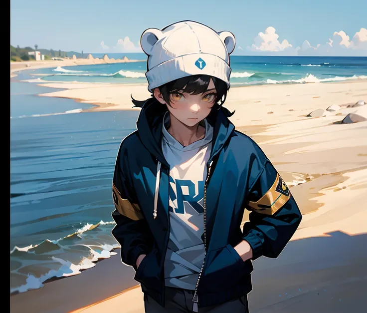 1male ,Adult Male , Undercut Hair , Black Hair , Golden Eyes, White Beanie with polar bear ears and eyes on it ,White Shirt with the word marine written in blue , White Unzipped Hoodie , Standing on Beach