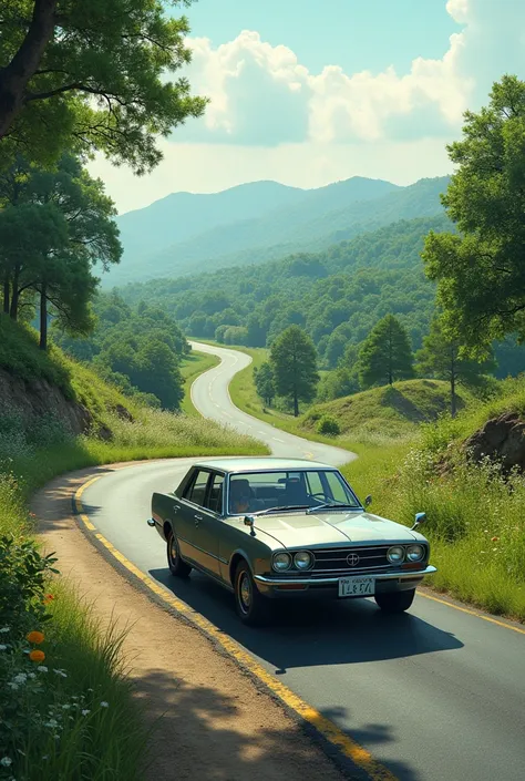 A toyota mark II driving on a best country side road a view best naturally vegetation and a note written Ghost bullet merona on the side of the road