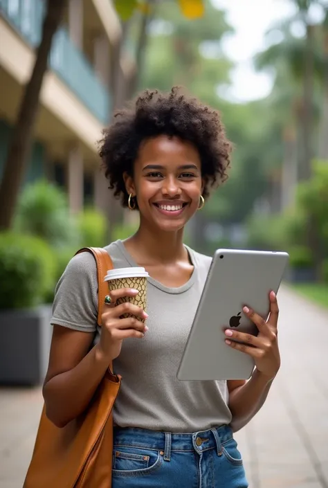 Pretty Young Girl From Fiji, Student University, Photoshoot, Campus Background, Ultra HD, Highly Detailed, Detailed Face, Detailed Hair, Detailed Skin, Realistic, Holding an IPad and Holding a Coffee, Wearing A Bag, Short Curly Hair, Melanesian Ethnic, Thi...