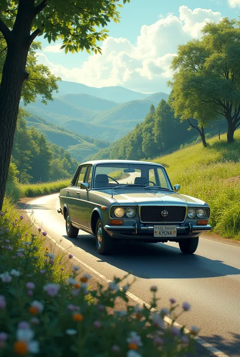 A toyota mark II driving on a best country side road a view best naturally vegetation and a note written Ghost bullet merona on the side of the road